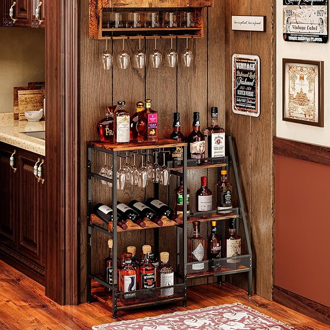3-Tier Liquor Bar Stand with Wine Rack and Glass Holder
