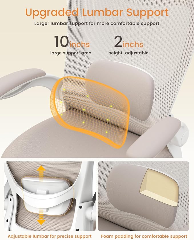 Ergonomic Office Chair with Adjustable Lumbar Support, Flip-Up Armrests, Breathable Mesh – Khaki