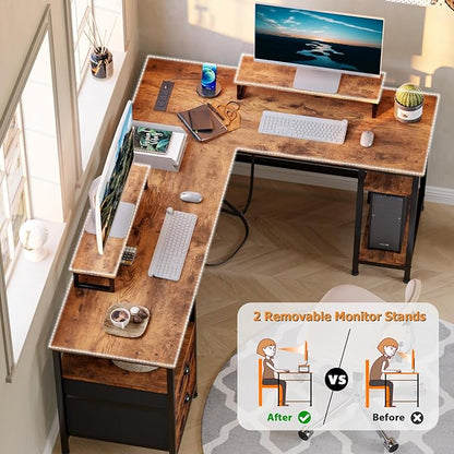 L-Shaped Computer Desk with Power Outlet, File Drawer, Monitor Stands & Storage Shelves for Home Office or Gaming
