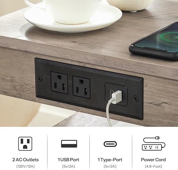 Set of 2 End Tables with Charging Station, 3-Tier Nightstands with USB Ports