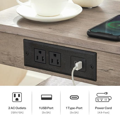 Set of 2 End Tables with Charging Station, 3-Tier Nightstands with USB Ports