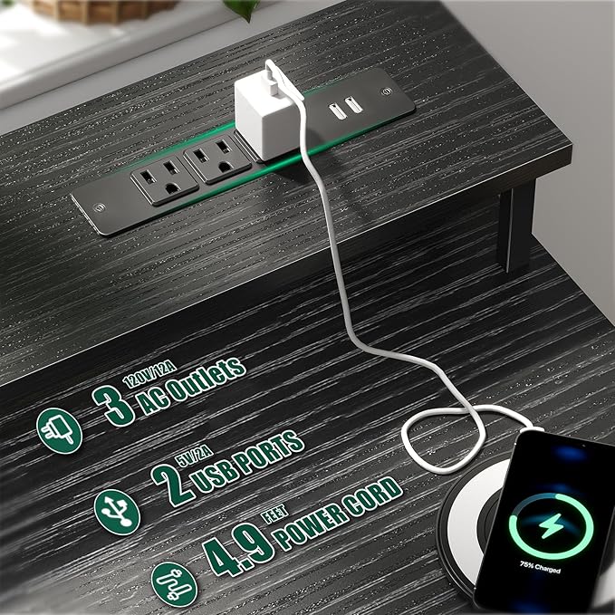 47" Gaming Desk with LED Lights, Power Outlets & 5 Fabric Storage Drawers