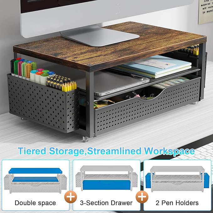 Wood Monitor Stand Riser with Drawer and Pen Holder – 2-Tier Desk Organizer Shelf for Computer, Laptop, and Office Supplies
