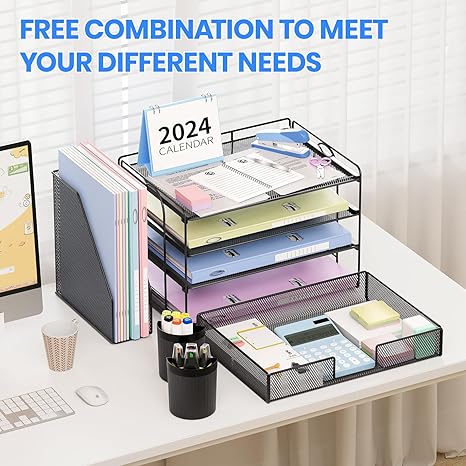 4-Tier Desktop File Organizer with Drawer and Pen Holders – Desk Organizer for Office Supplies (Black)