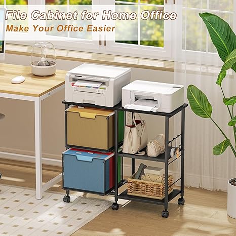 2 Drawer Lateral File Cabinet with Wheels and Storage Shelf – Black