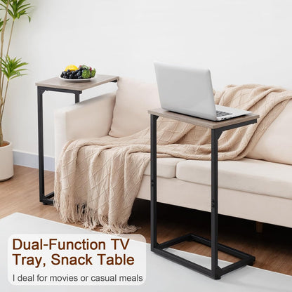 Set of 2 C Shaped End Tables, Sofa Side Tables with Slide Under Design, TV Trays for Small Spaces, Grey