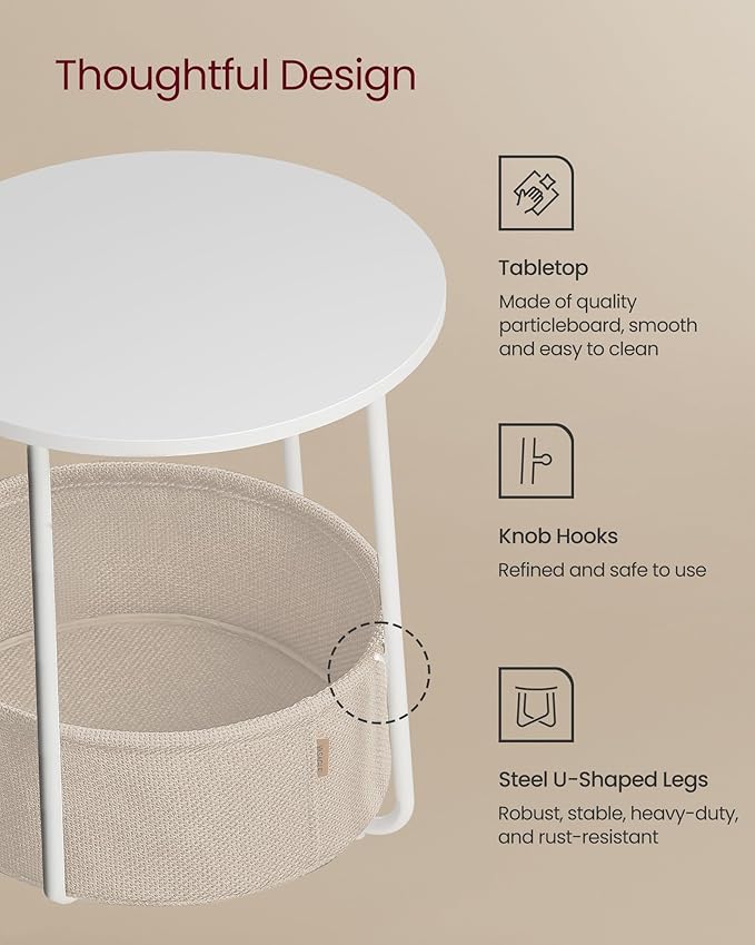 Small Round Side Table with Fabric Basket, Modern Nightstand, White and Brown