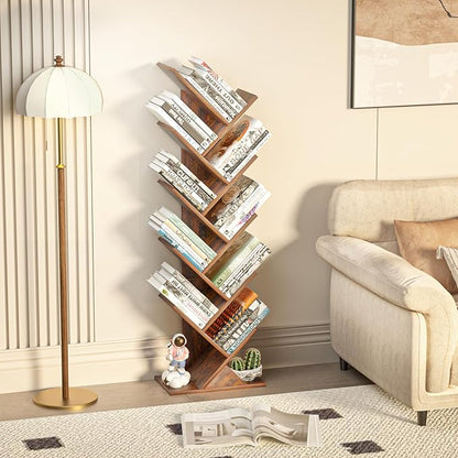 10-Tier Tree Bookshelf – Narrow Space Floor Standing Bookcase & Storage Organizer, Brown