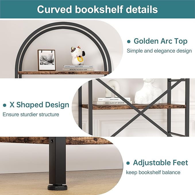 Arched 5-Tier Bookshelf, Rustic Brown Storage Bookcase for Home or Office