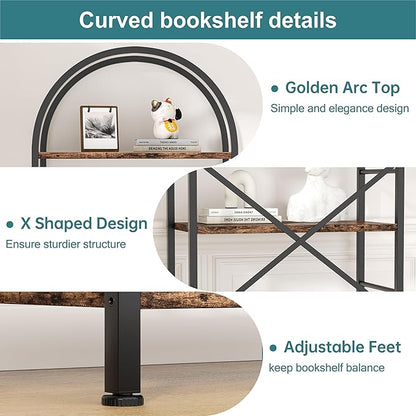 Arched 5-Tier Bookshelf, Rustic Brown Storage Bookcase for Home or Office