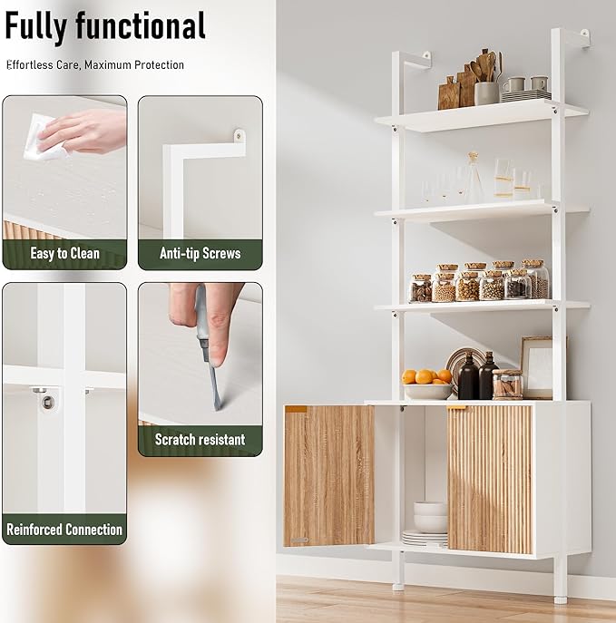 74" Ladder Bookshelf with Storage Cabinet, Wood & Metal Frame, Open Display Shelf, White and Oak