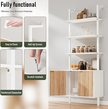74" Ladder Bookshelf with Storage Cabinet, Wood & Metal Frame, Open Display Shelf, White and Oak