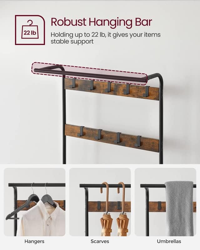 Hall Tree with Shoe Bench and Coat Rack, 4-in-1 Entryway Organizer with Hooks and Hanging Rod, Rustic Brown/Black