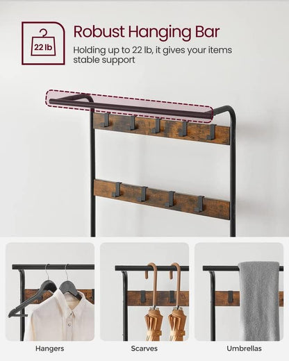 Hall Tree with Shoe Bench and Coat Rack, 4-in-1 Entryway Organizer with Hooks and Hanging Rod, Rustic Brown/Black
