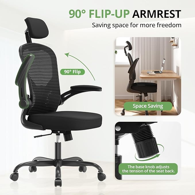 Ergonomic Office Chair, High Back Computer Chair with Flip-Up Armrests, Black