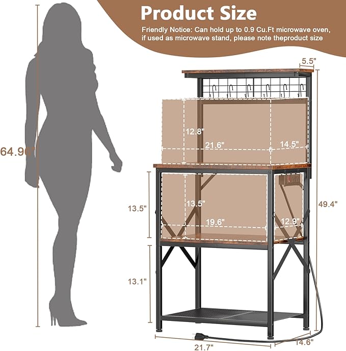 Kitchen Bakers Rack with Power Outlet, 4-Tier Microwave Stand with Storage, Coffee Bar Table with Hooks – Rustic Brown