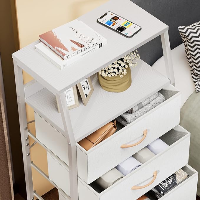 White 5-Drawer Fabric Dresser with Wood Top and Steel Frame, Vertical Storage Tower for Bedroom and Closet