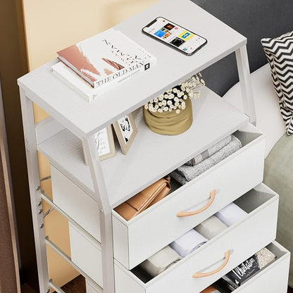 White 5-Drawer Fabric Dresser with Wood Top and Steel Frame, Vertical Storage Tower for Bedroom and Closet