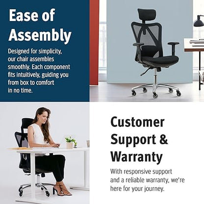 Ergonomic Office Chair with Lumbar Support, Mesh High Back, Adjustable Head & Arm Rests, Reclining Desk Chair
