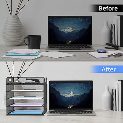 5-Tier Mesh Paper Organizer with Handle – Desk File and Letter Tray for Office, Home, or School