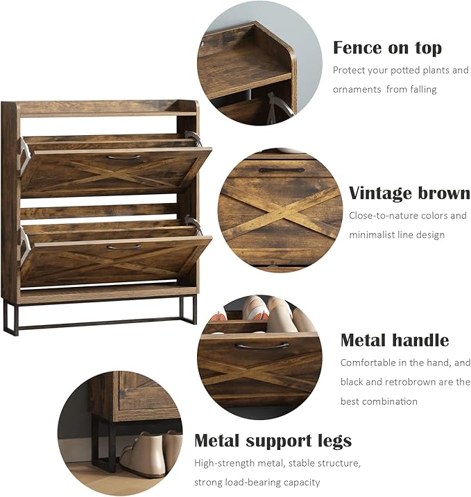 Freestanding Shoe Cabinet with 2 Flip Drawers and Metal Legs – Rustic Brown