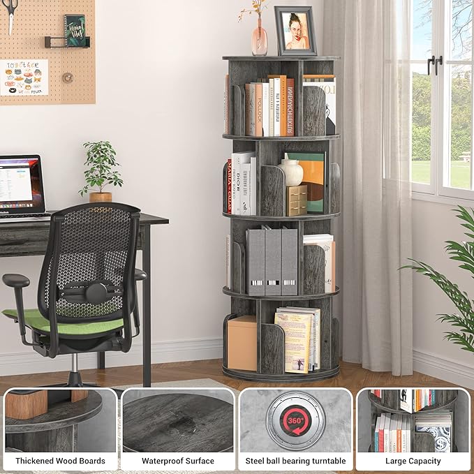 Rotating 4-Tier Bookshelf, 360° Corner Bookcase Storage Rack for Small Spaces, Grey Oak