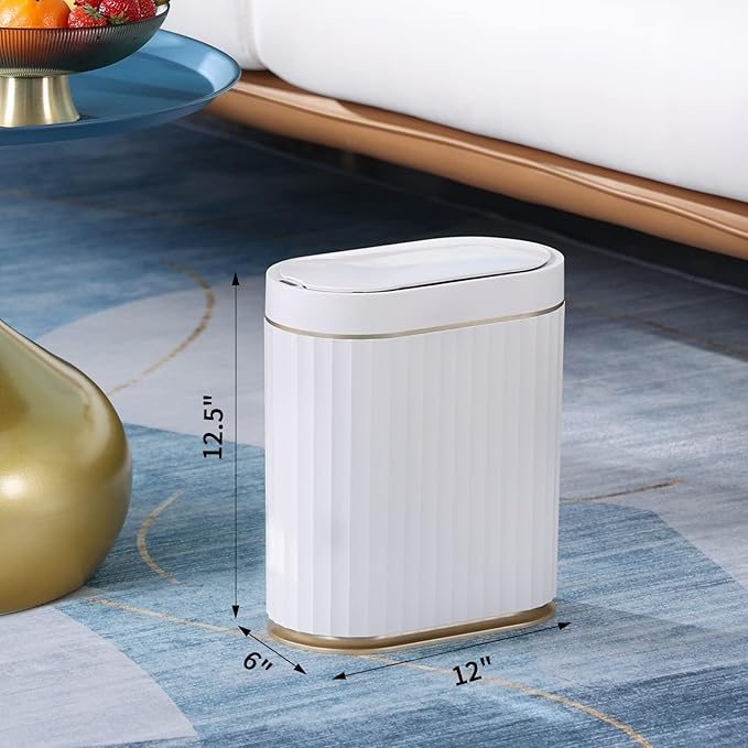 Automatic Motion Sensor Trash Can, 2 Gallon Slim Slimline Bin for Bathroom, Bedroom, Kitchen, Office – White with Gold Trim