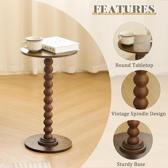 Round Side Table with Wood Legs – Small Accent Nightstand for Living Room, Bedroom, or Office (Rustic Brown)