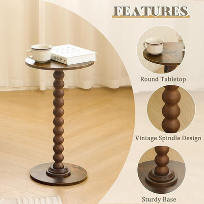 Round Side Table with Wood Legs – Small Accent Nightstand for Living Room, Bedroom, or Office (Rustic Brown)