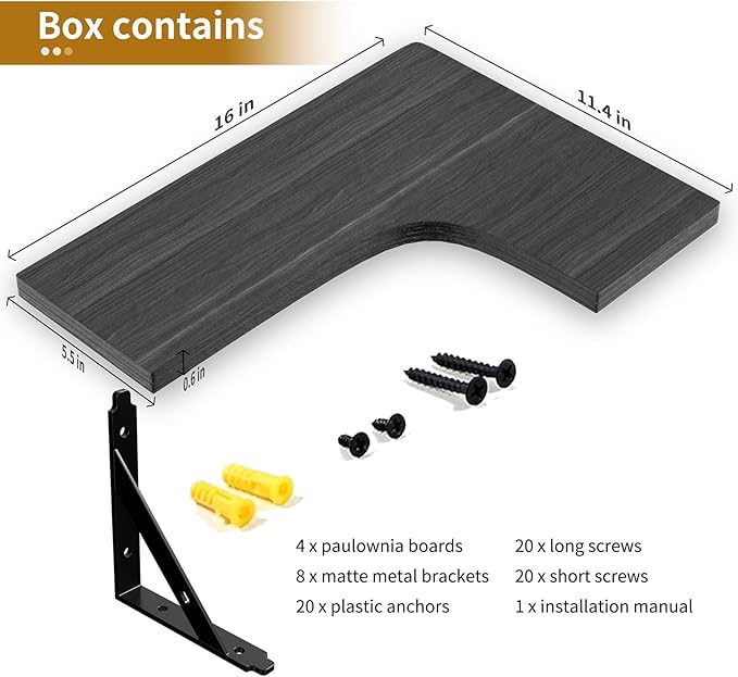 Corner Floating Shelves Set of 4 – Rustic Wood Wall Storage & Display (Black)