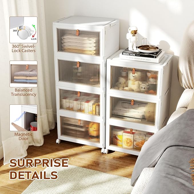 Stackable 4-Tier Storage Bins with Lids and Wheels, Foldable Plastic Containers for Home & Office