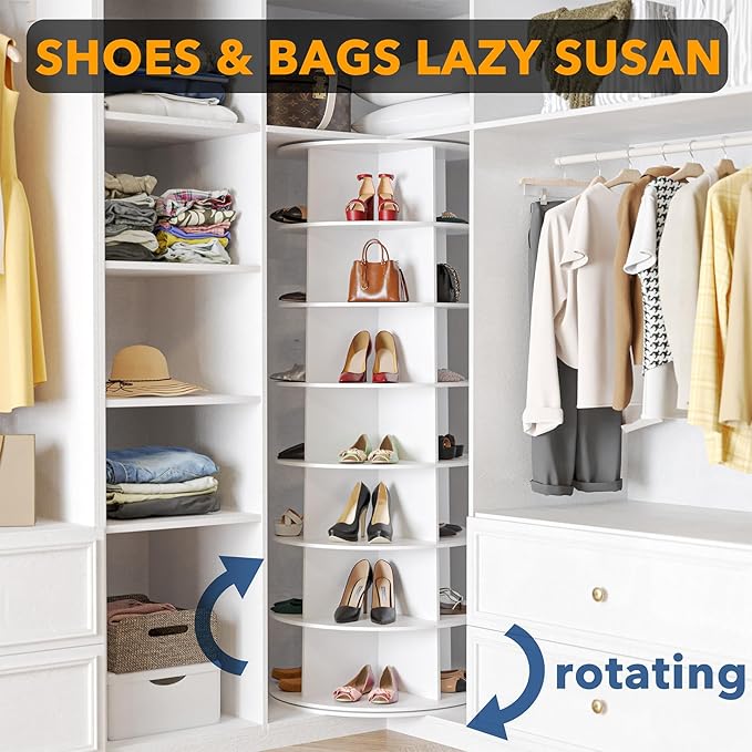7-Tier Rotating Shoe Rack Tower, 360° Spinning Shoe Organizer Carousel for Closet Storage, White