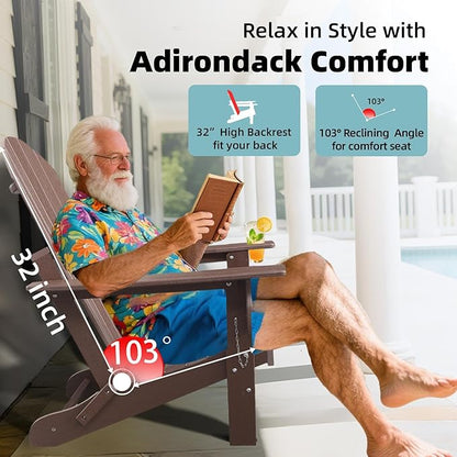 Folding Adirondack Chair with Cup Holder & Umbrella Hole, Weather-Resistant HDPE, Brown