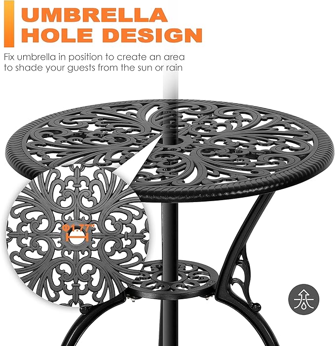 3-Piece Cast Aluminum Bistro Set with Table and Chairs, Outdoor Patio Furniture with Umbrella Hole, Black