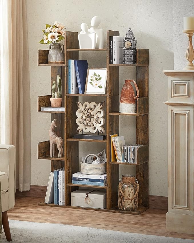 Tree-Shaped Bookshelf with 13 Shelves, Rounded Corners, Rustic Brown, 55" H