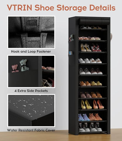 10-Tier Vertical Shoe Rack with Dust Cover – Tall Narrow Closet Organizer, Black