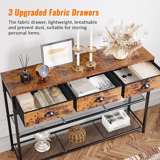 Console Table with 3 Drawers and Storage Shelves, Rustic Brown Entryway Table for Living Room or Hallway