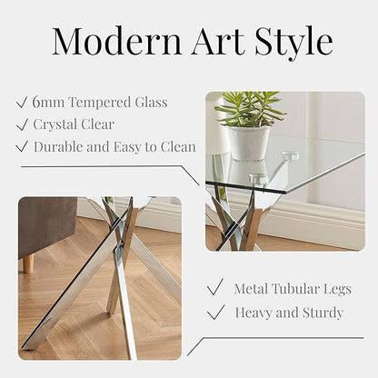 Square Glass Side Table with Metal Legs, Silver, 20”x20”x22”