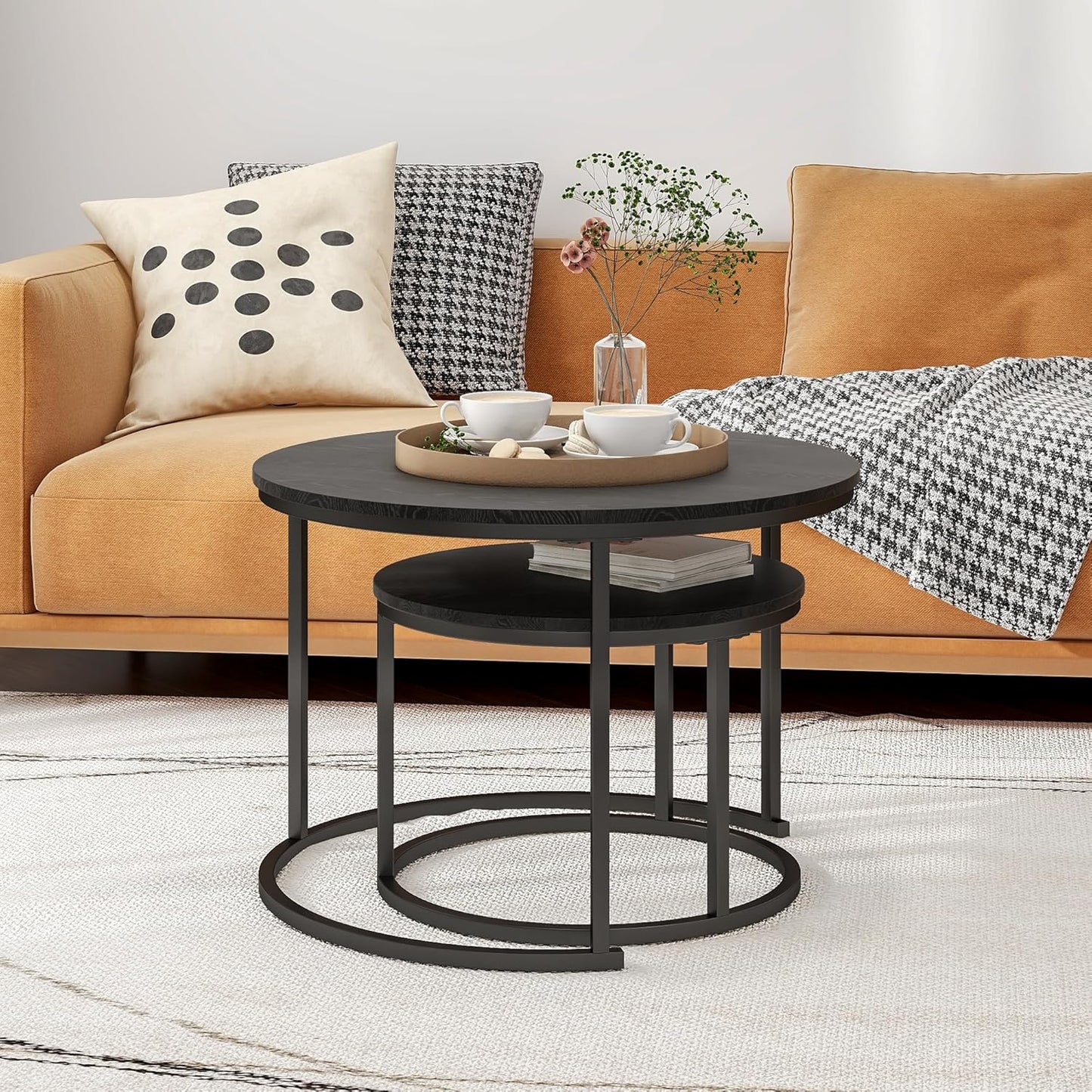 Round Nesting Coffee Table Set of 2 – Living Room End Tables with Metal Frame, Black