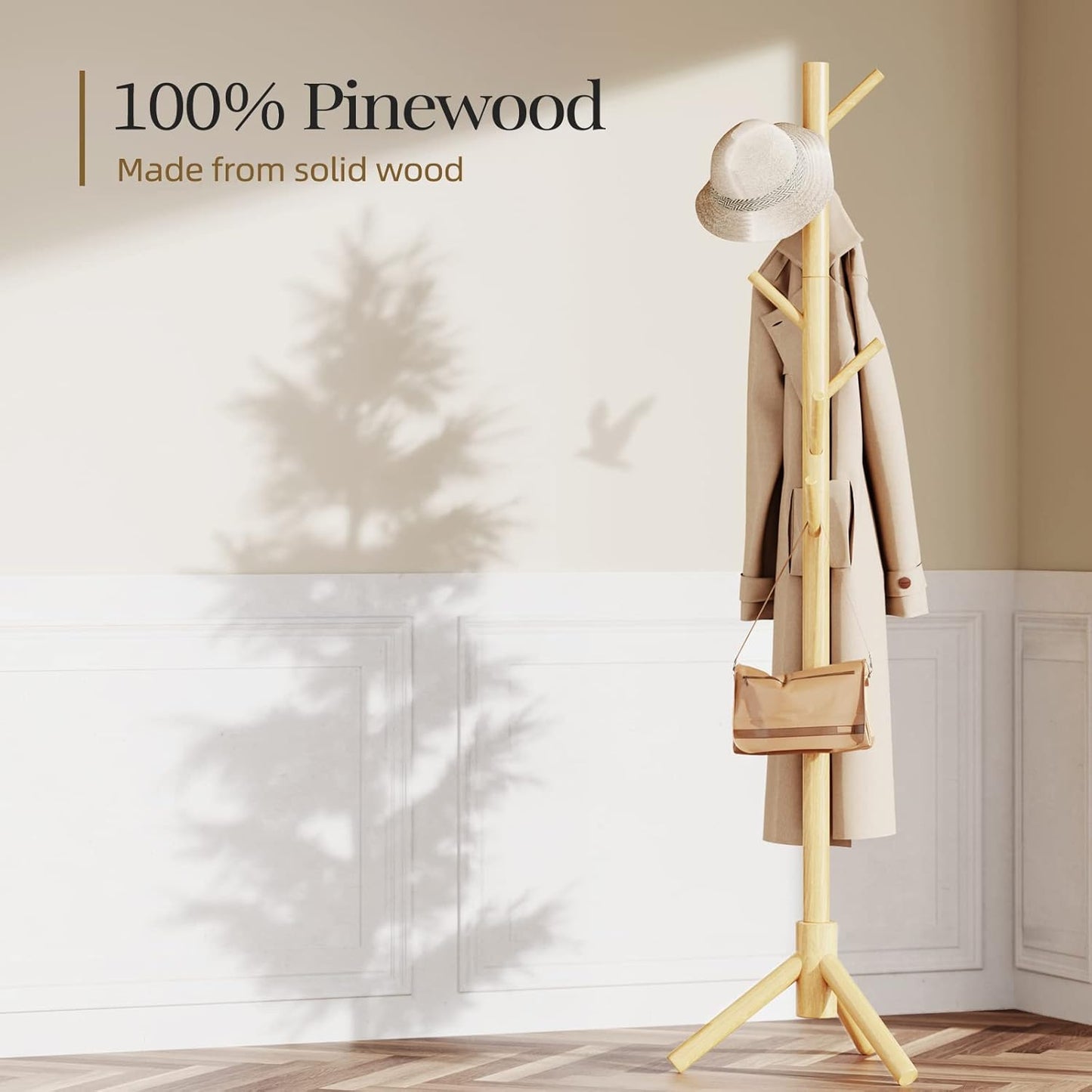 Wooden Coat Rack Stand with Adjustable Height and 8 Hooks for Entryway, Bedroom, or Office