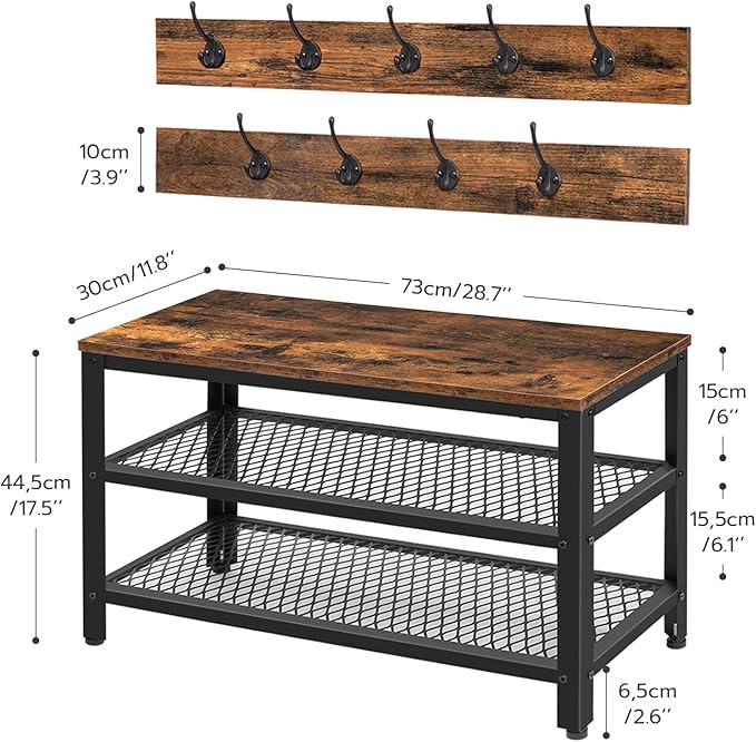 Hall Tree with Storage Bench, Coat Rack and Shoe Organizer, Rustic Brown/Black