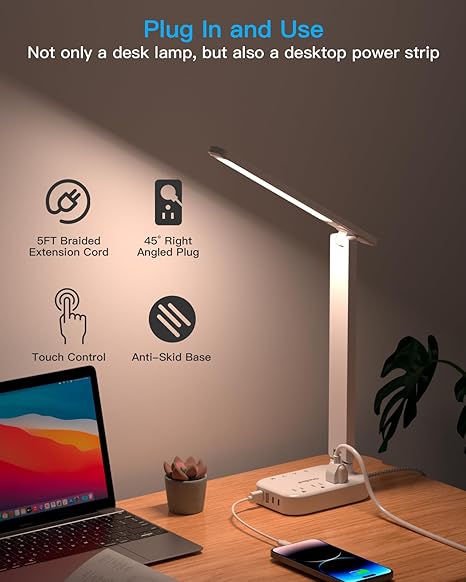 LED Desk Lamp with Power Strip, 5ft Cord, 3 Outlets, 4 USB Ports, Touch Control, Adjustable Light, White