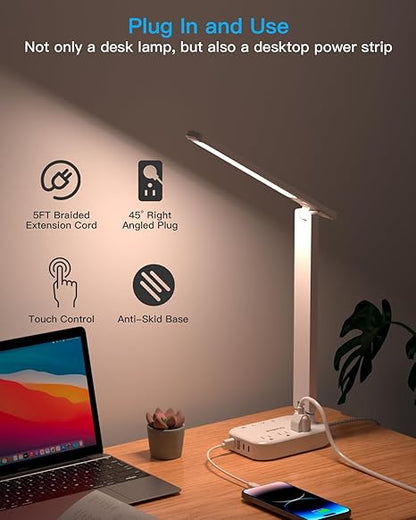 LED Desk Lamp with Power Strip, 5ft Cord, 3 Outlets, 4 USB Ports, Touch Control, Adjustable Light, White