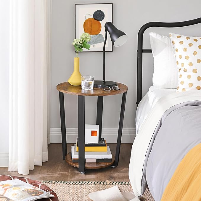 Round End Table with Storage Shelf, Rustic Brown and Black