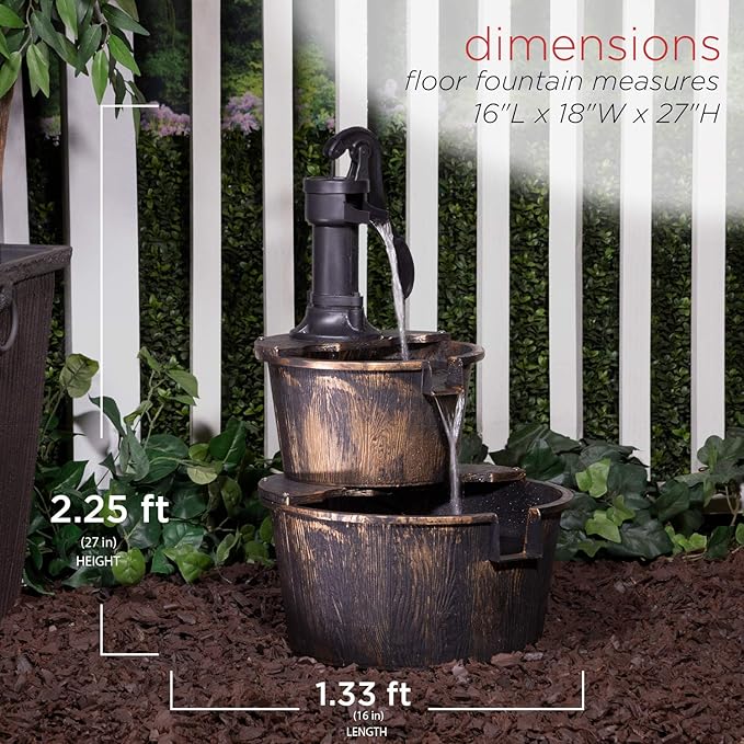 Outdoor Rustic 2-Tier Barrel Water Fountain with Pump, Bronze Finish, 27"