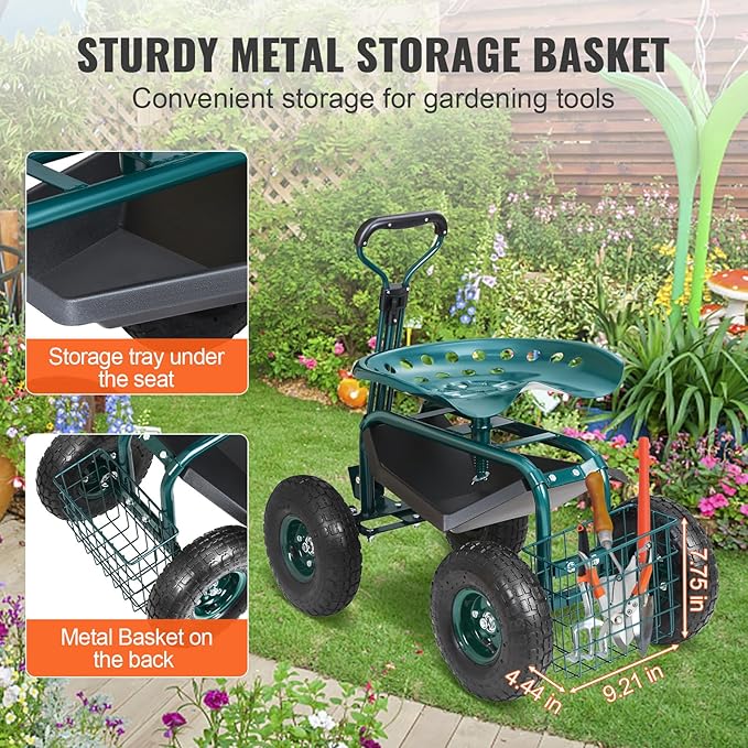 Rolling Garden Cart with Swivel Seat, Wheels & Tool Tray – Green