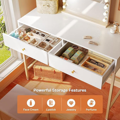 35.4" White and Gold Desk with 2 Drawers and Stool, Modern Vanity or Small Computer Desk