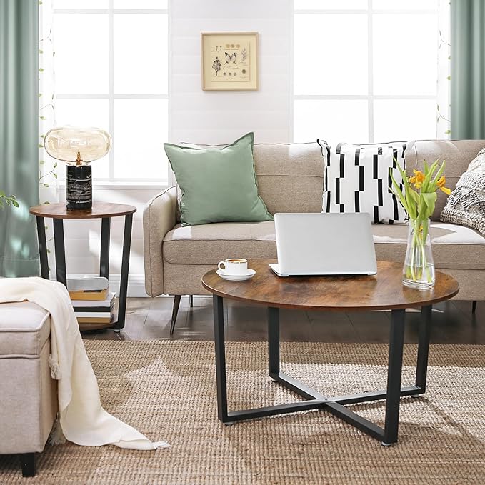 Round End Table with Storage Shelf, Rustic Brown and Black