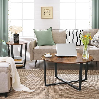 Round End Table with Storage Shelf, Rustic Brown and Black