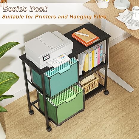 2 Drawer Lateral File Cabinet with Wheels and Storage Shelf – Black